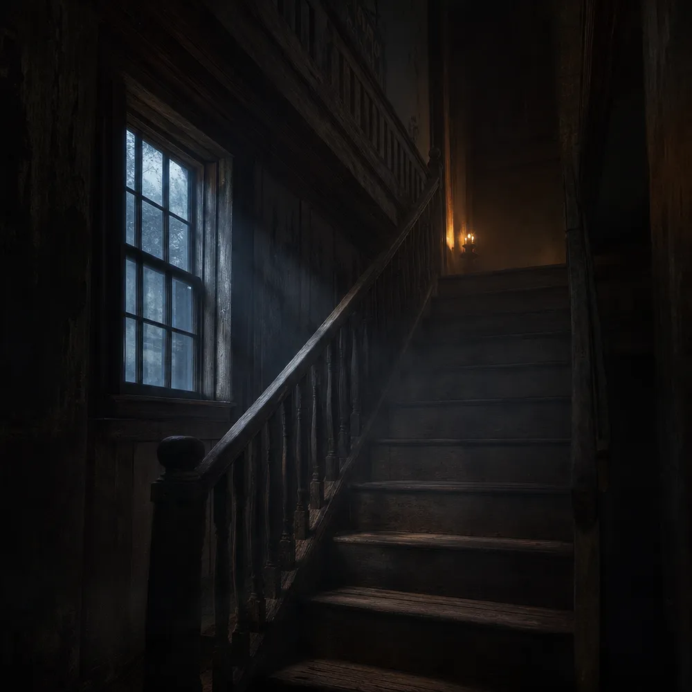 A dim antique wooden staircase at night lit by cold moonlight from a small window.